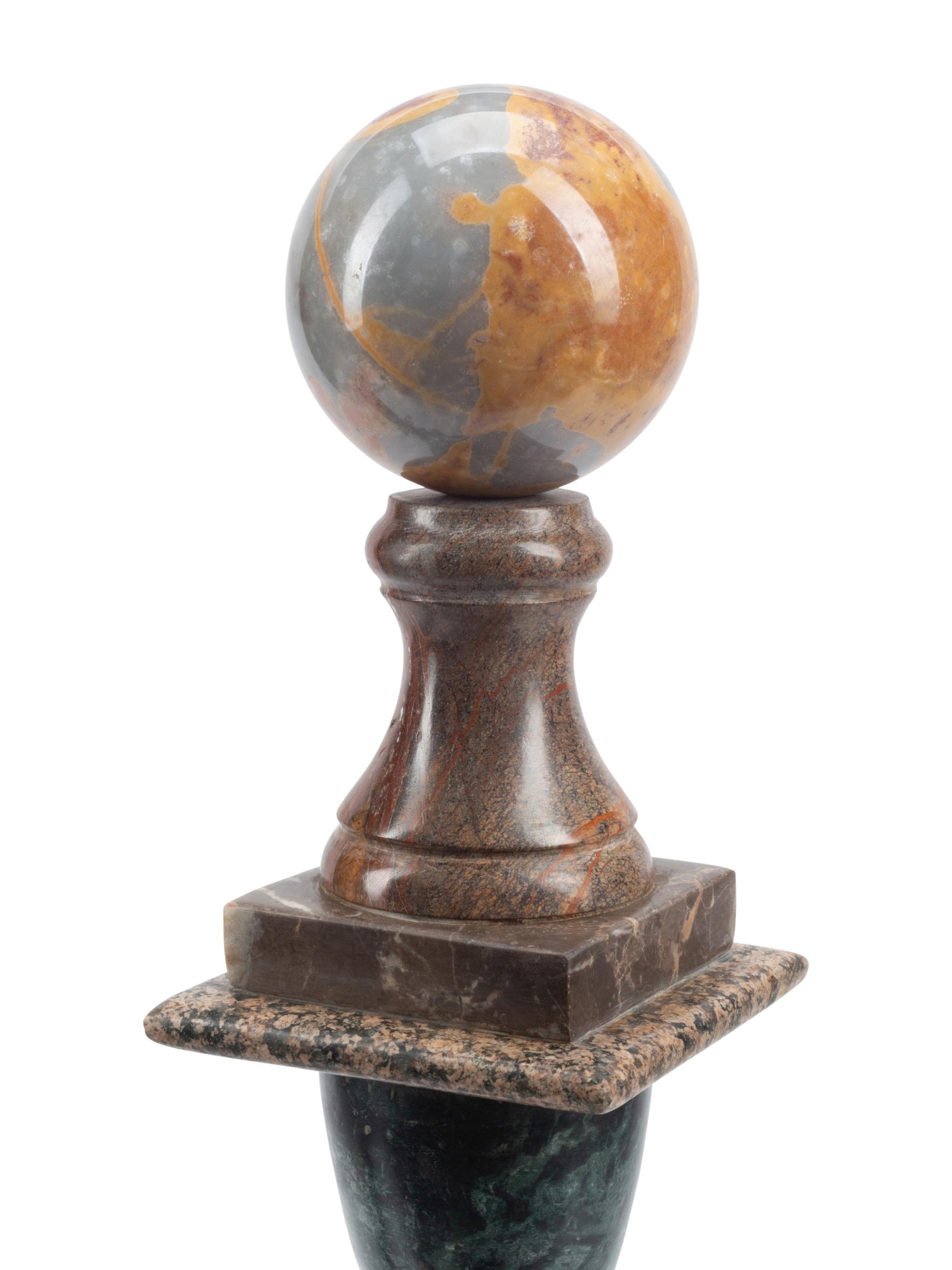 A Pair of Italian Grand Tour Style Multi-Color Marble Columns and Spherical Ornaments