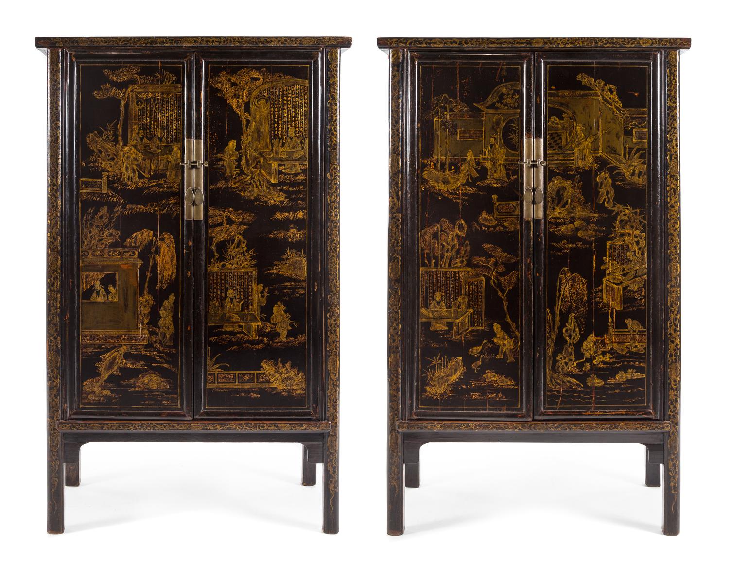 A Pair of Chinese Export Lacquered Cabinets Height 78 3/4 x width 46 1/4 x depth 20 1/2 inches. — 20TH CENTURY