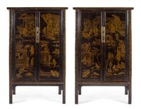 A Pair of Chinese Export Lacquered Cabinets Height 78 3/4 x width 46 1/4 x depth 20 1/2 inches. — 20TH CENTURY
