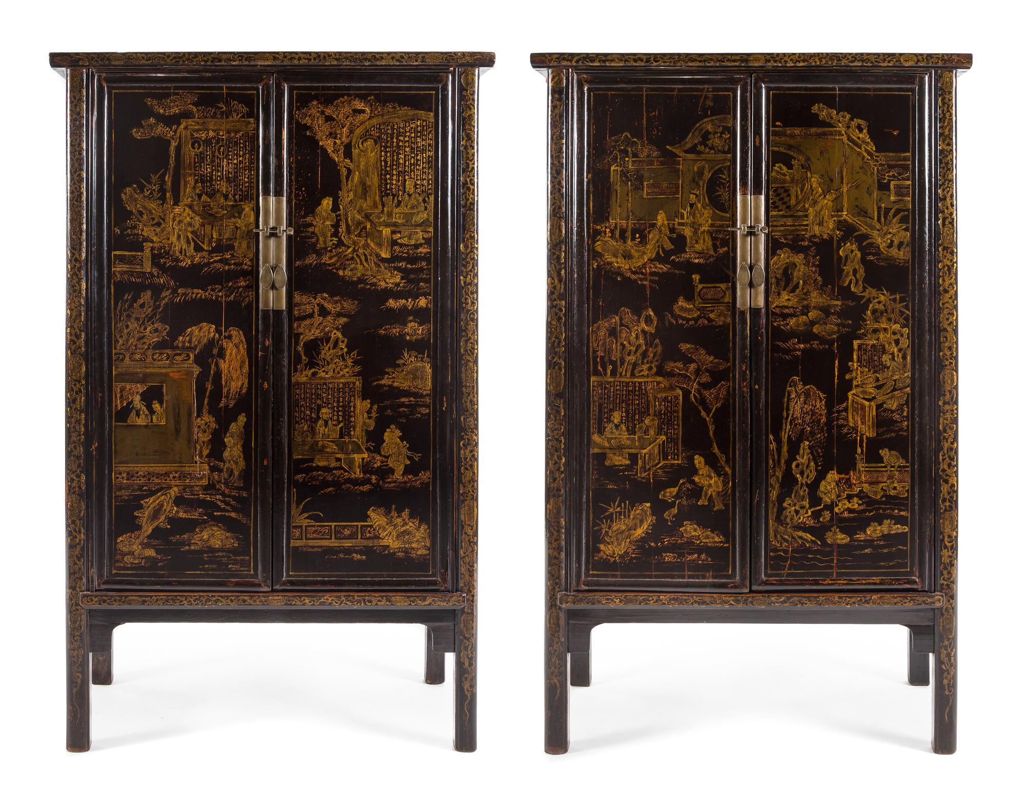 A Pair of Chinese Export Lacquered Cabinets Height 78 3/4 x width 46 1/4 x depth 20 1/2 inches. — 20TH CENTURY