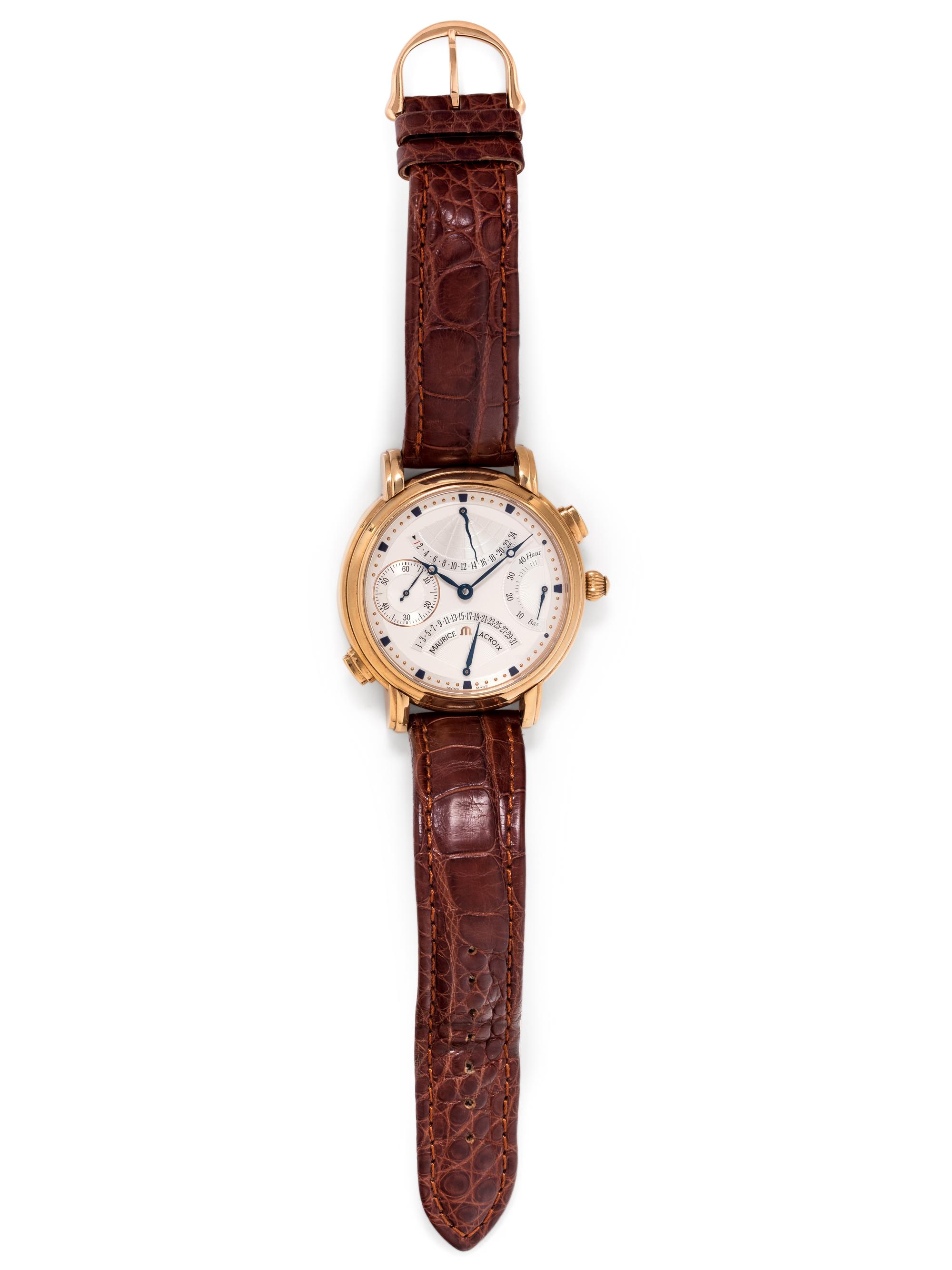 MAURICE LACROIX, 18K PINK GOLD REF. MP 7018 GMT 'MASTERPIECE DOUBLE RETROGRADE' WRISTWATCH