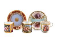 Three Continental Painted Porcelain Cups with Two Saucers