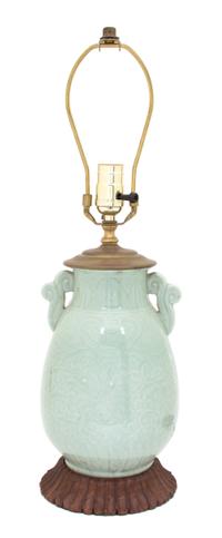 A Chinese Celadon Glazed Porcelain Table Lamp Height 22 1/2 inches. — 20TH CENTURY