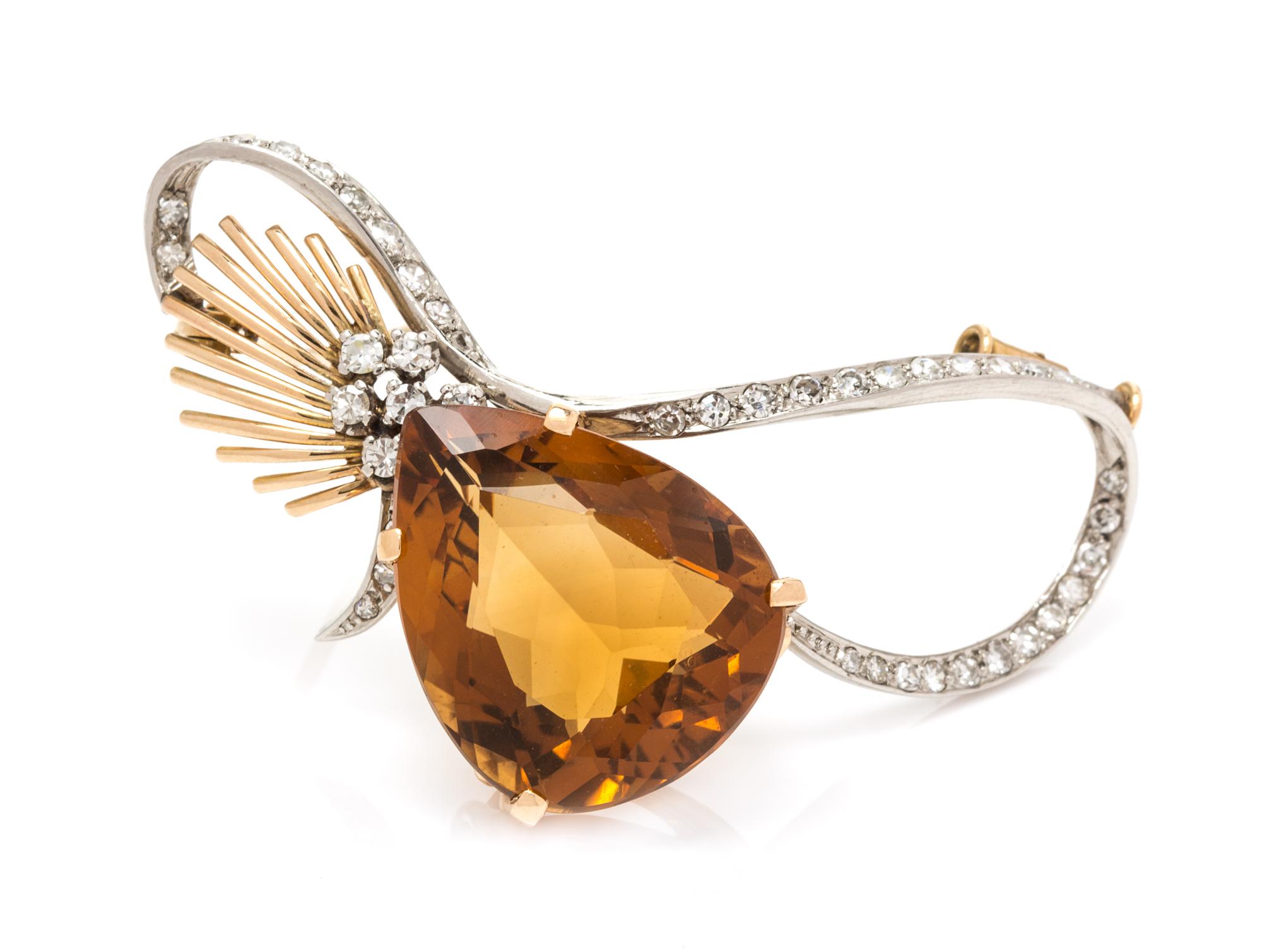 A Retro Rose Gold, Platinum, Citrine and Diamond Brooch, 8.60 dwts.