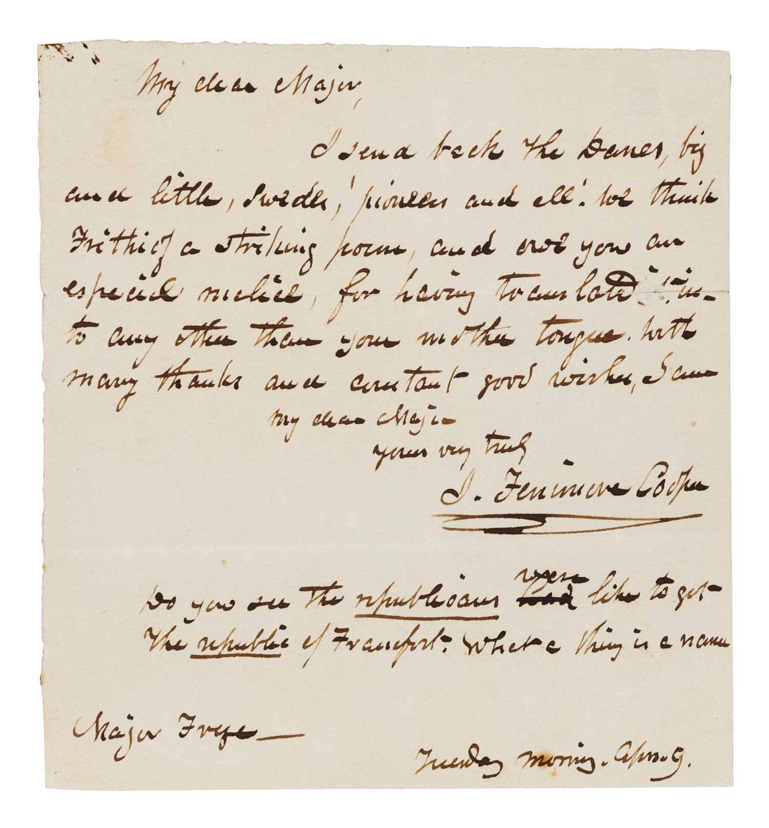 COOPER, James Fenimore (1789-1851). Autograph letter signed ("J. Fenimore Cooper"), to Major W. E. Frye. N.p., 9 April [no year].