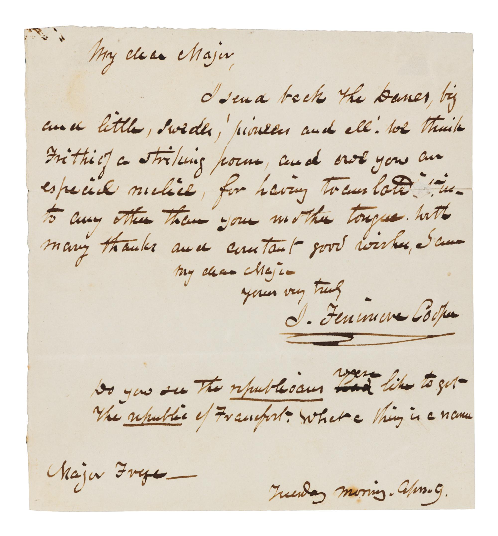 COOPER, James Fenimore (1789-1851). Autograph letter signed ("J. Fenimore Cooper"), to Major W. E. Frye. N.p., 9 April [no year].