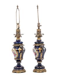 A Pair of French Porcelain Oil Lamps Converted to Electricity