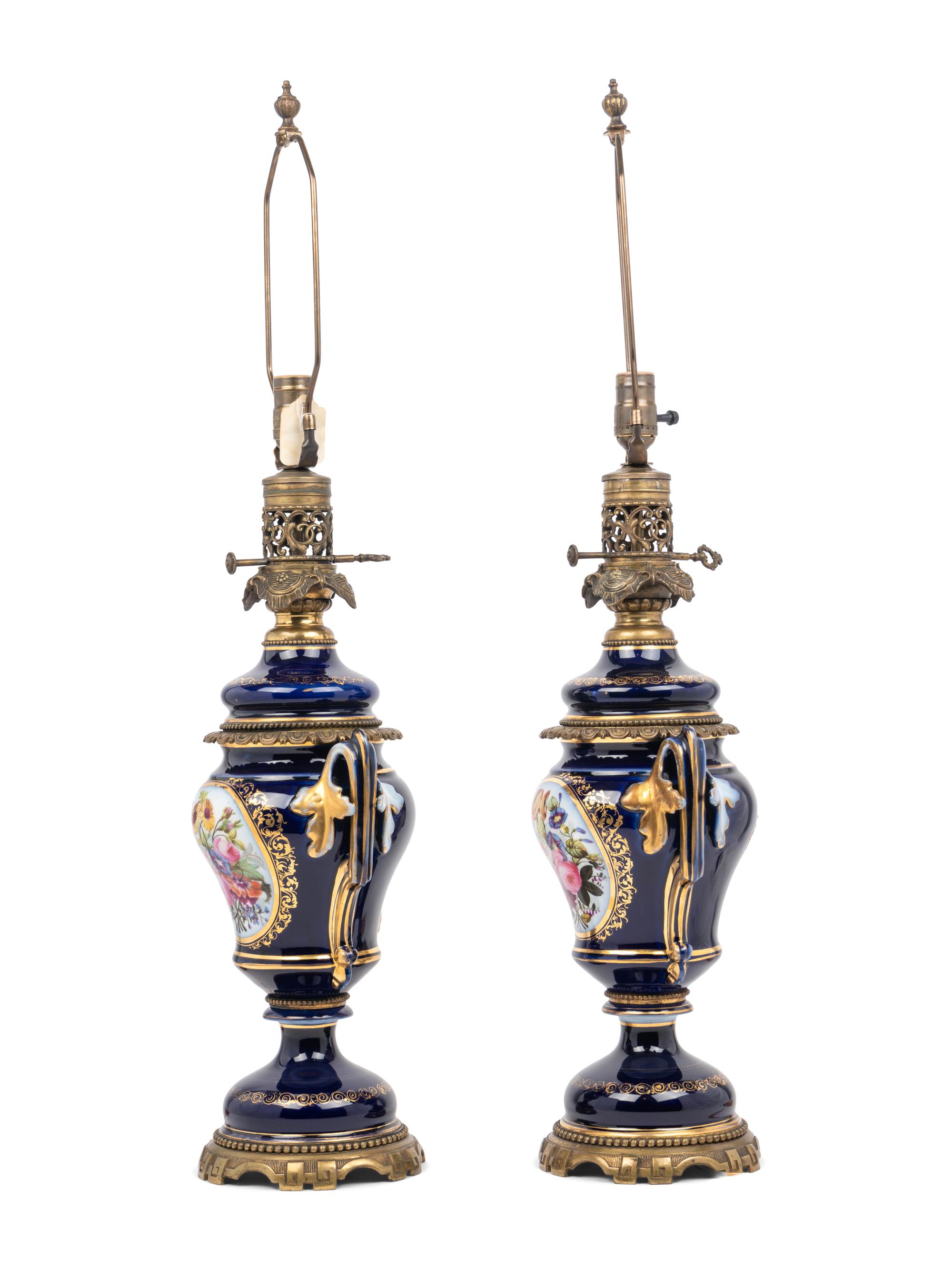 A Pair of French Porcelain Oil Lamps Converted to Electricity