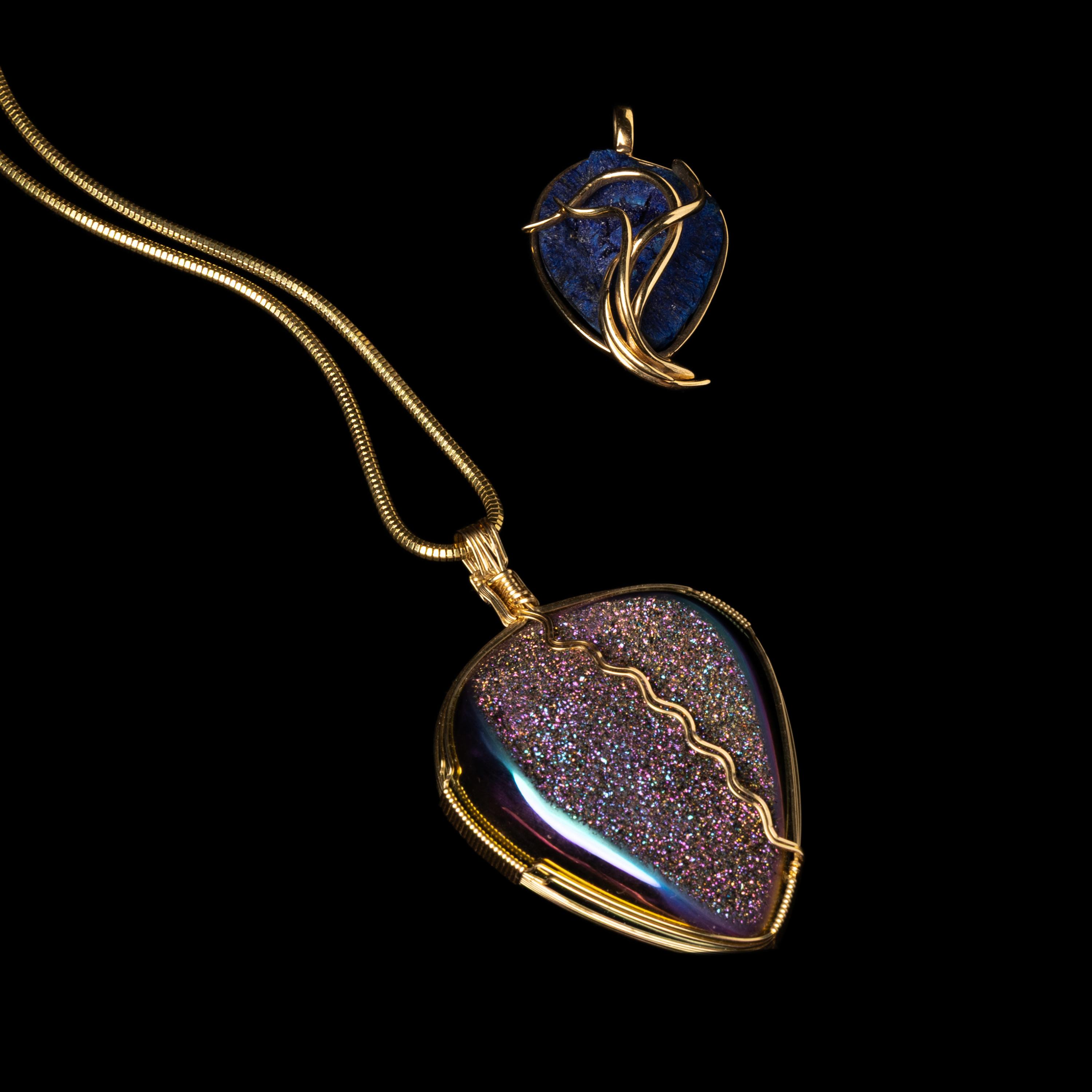Darryl Edwards (American, 20th century) — Southwestern-style Yellow Gold and Druzy Quartz Pendants