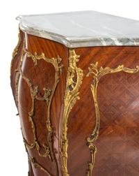A Pair of Louis XV Style Gilt Bronze Mounted Marble-Top Bombe Commodes