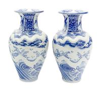 A Pair of Large Japanese Blue and White Porcelain 'Dragon' Baluster Vases