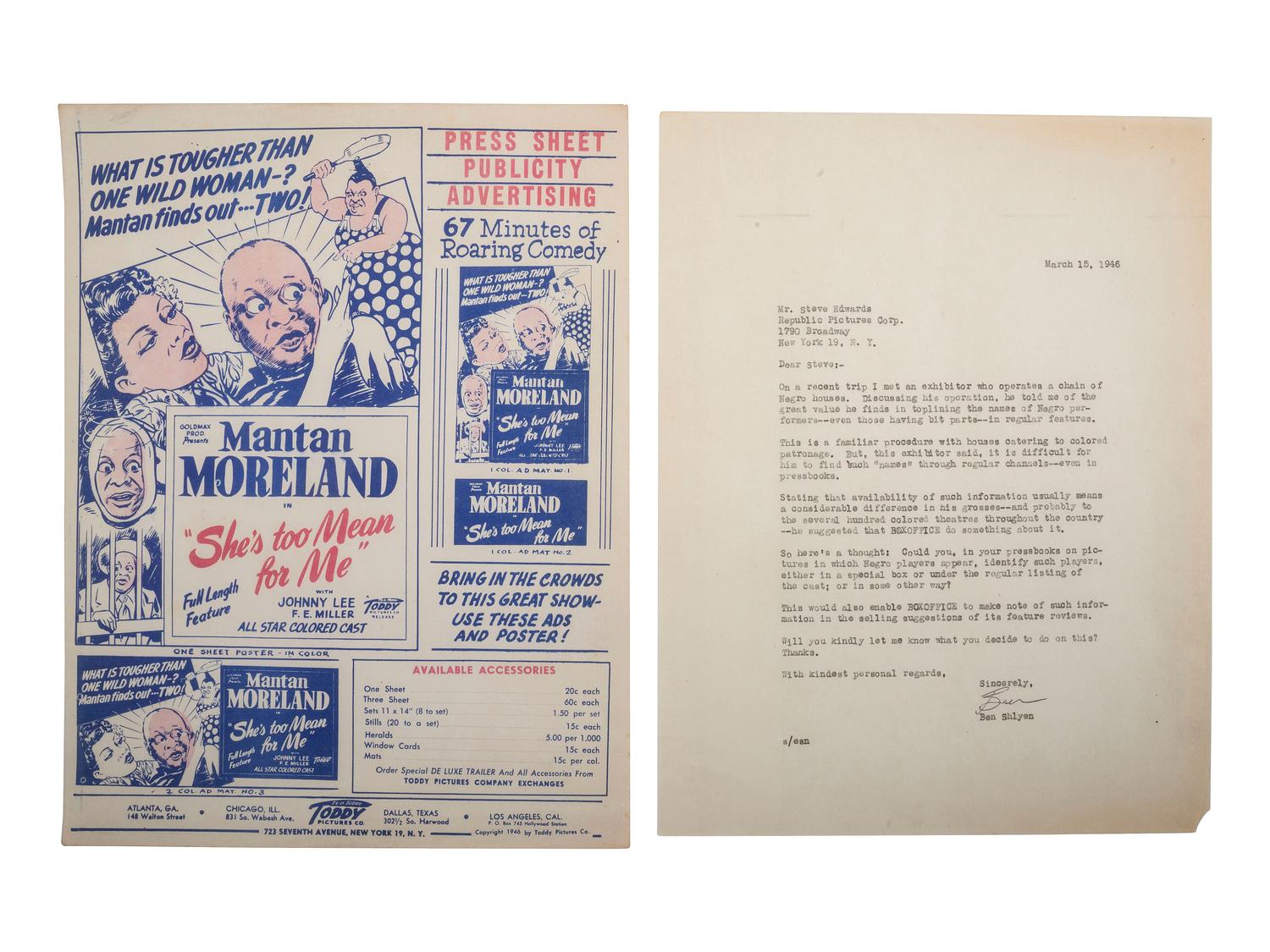 [FILM]. SHYLEN, Ben. Typed letter signed ("Ben"), as Boxoffice publisher. N.p., 15 March 1946. How best to promote African American theaters and actors. [ With: ] 2 window cards for films starring Mantan Moreland.
