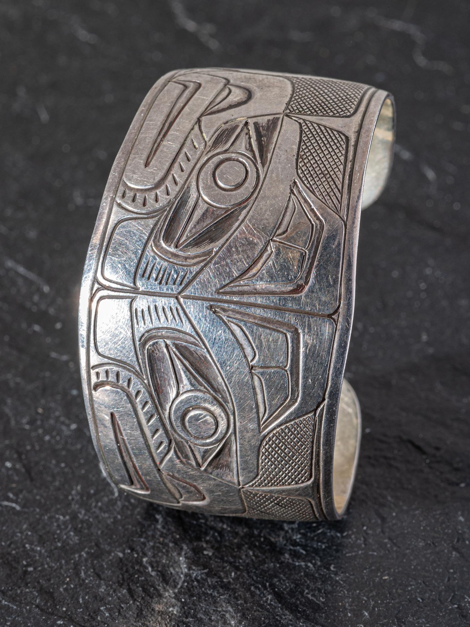 Silver Cuff Bracelet, with Northwest Coast Mirrored Eagle Design
