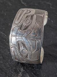 Silver Cuff Bracelet, with Northwest Coast Mirrored Eagle Design