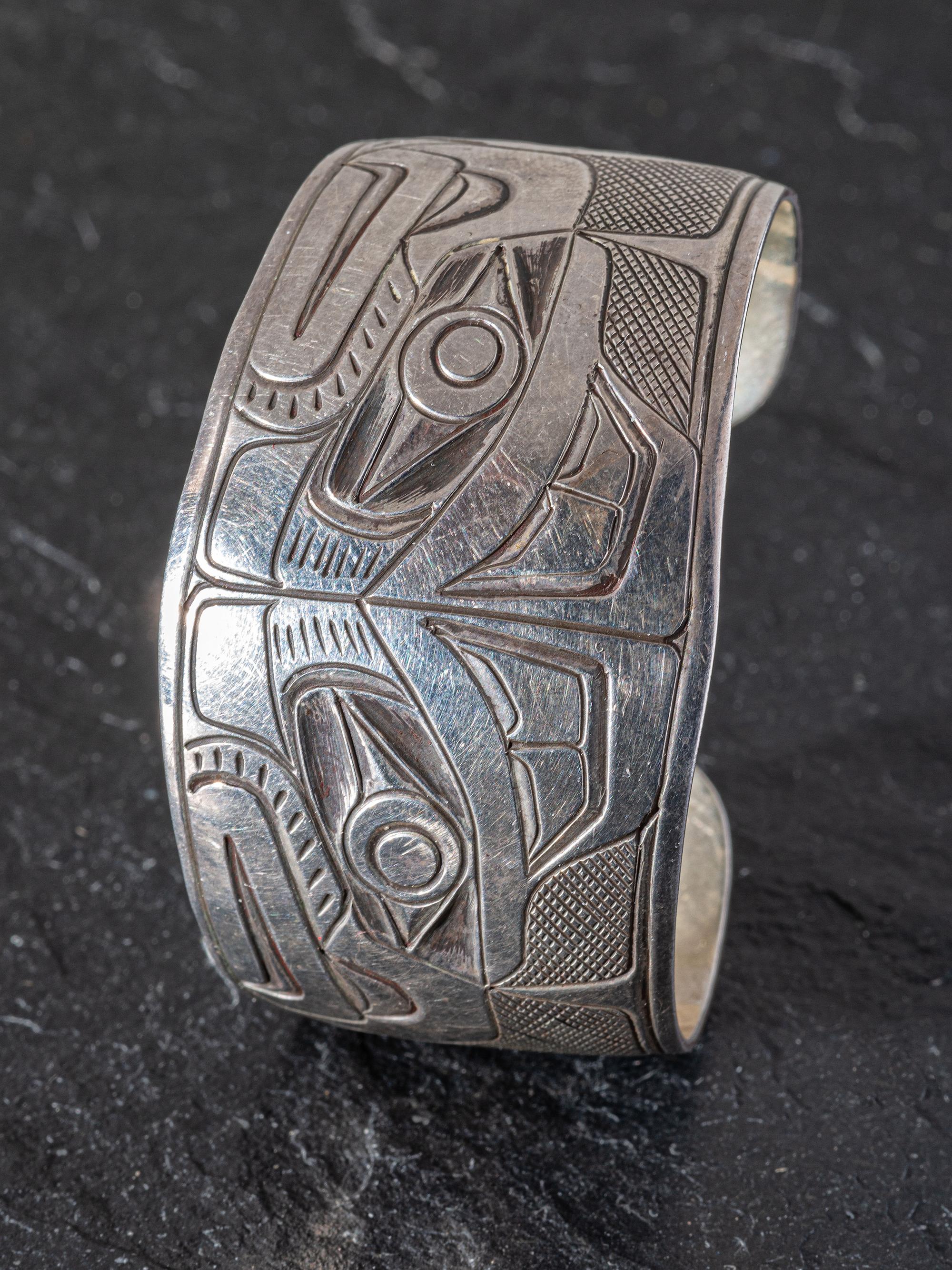 Silver Cuff Bracelet, with Northwest Coast Mirrored Eagle Design