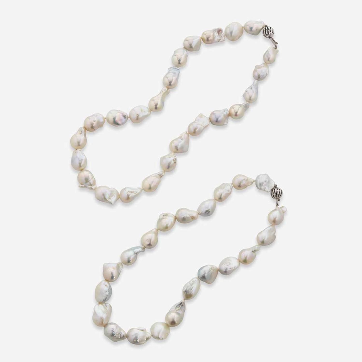 A Pair of Matching 14K White Gold and Baroque Pearl Necklaces