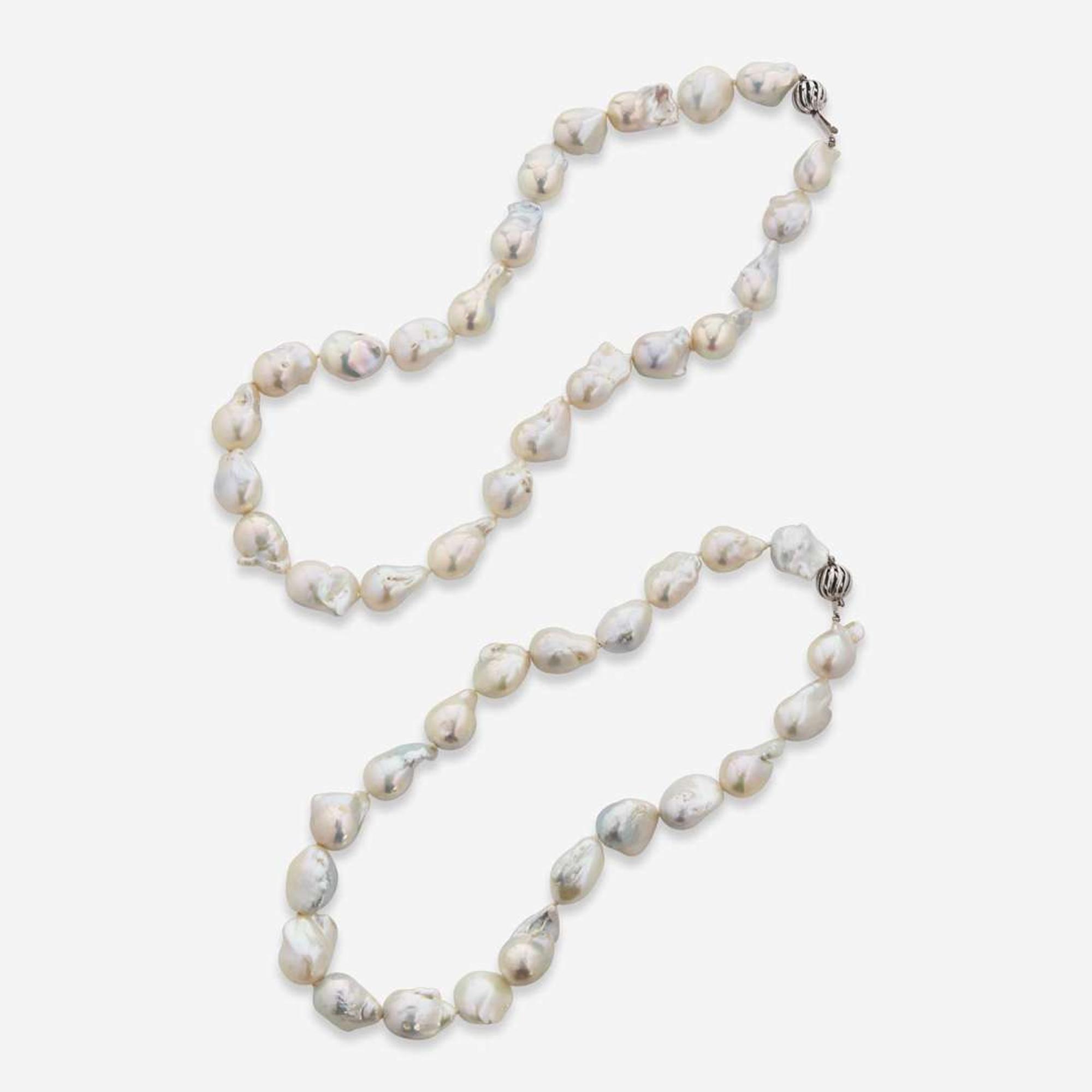 A Pair of Matching 14K White Gold and Baroque Pearl Necklaces