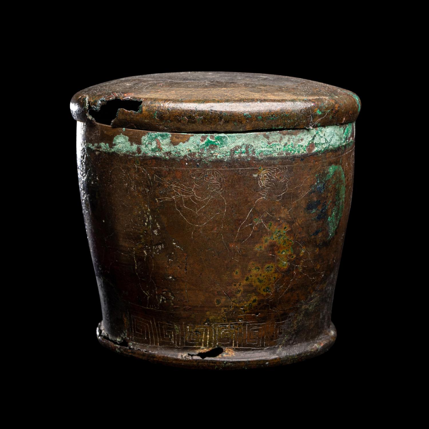 An Etruscan Bronze Lidded Pyxis with a Dionysiac Scene