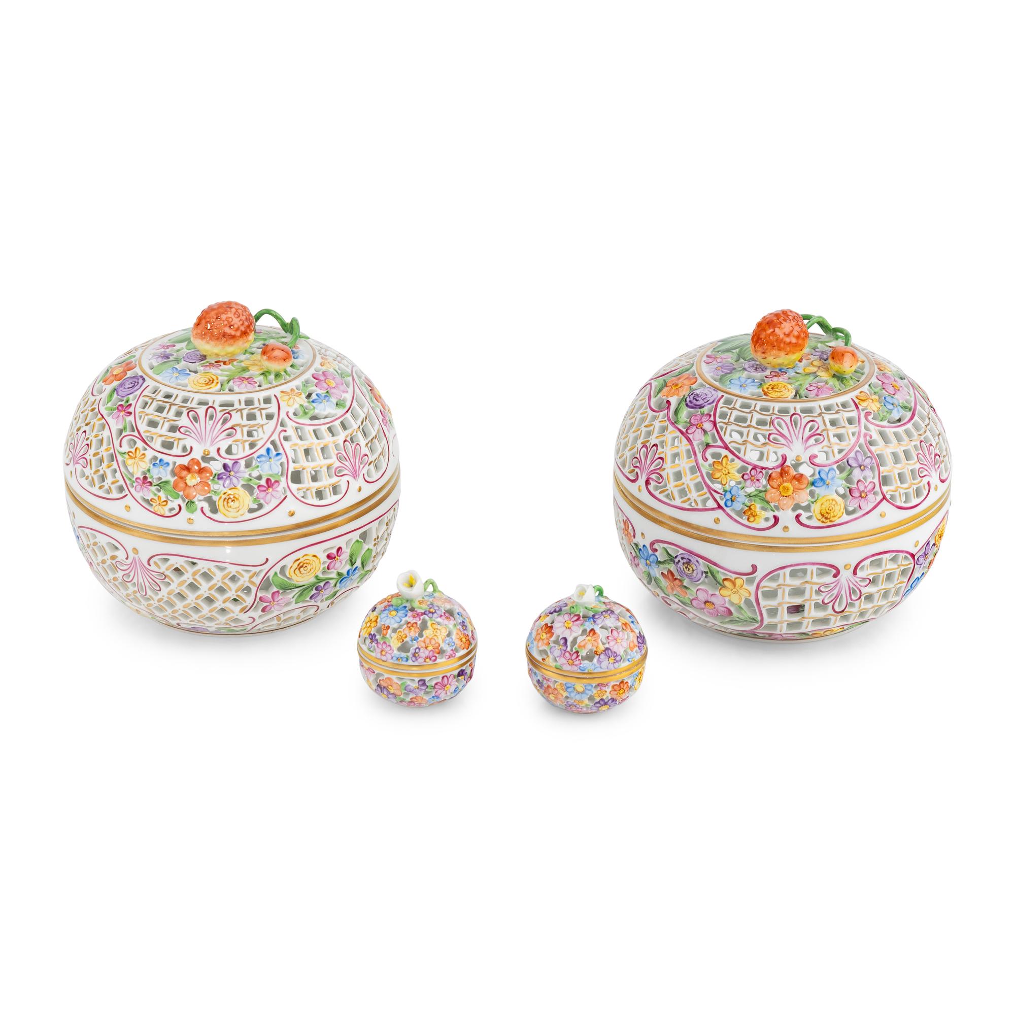 Two Pairs of Herend Reticulated Porcelain Boxes