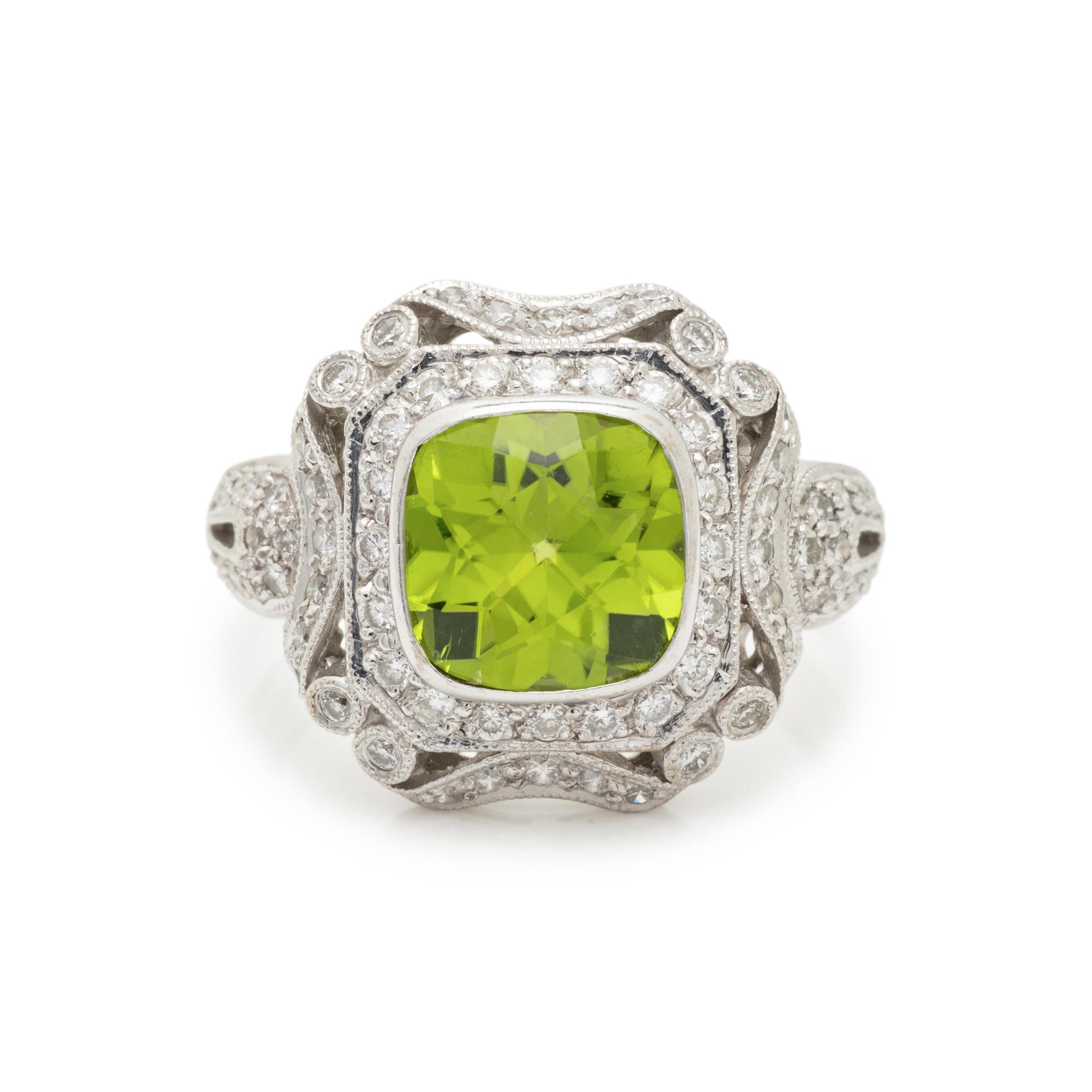 WHITE GOLD, DIAMOND, AND PERIDOT RING