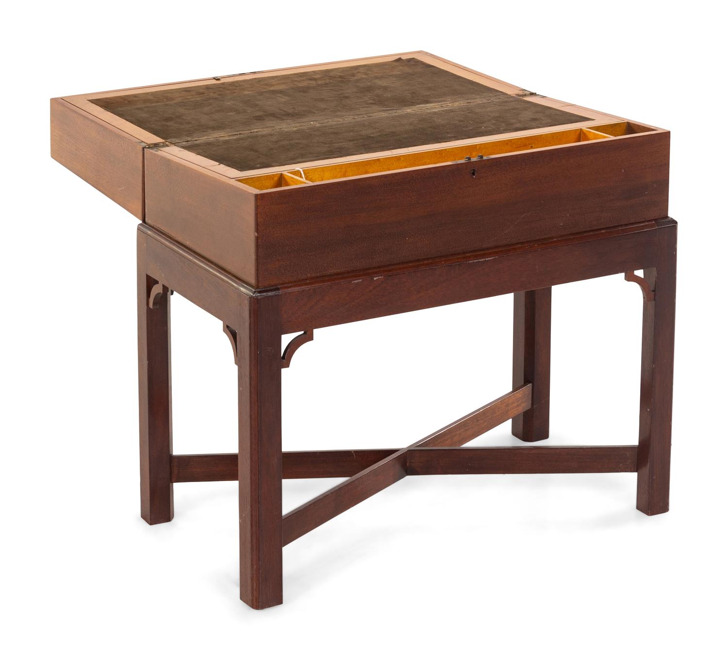 A Chippendale Figured Mahogany and Satinwood Lap Desk on Stand