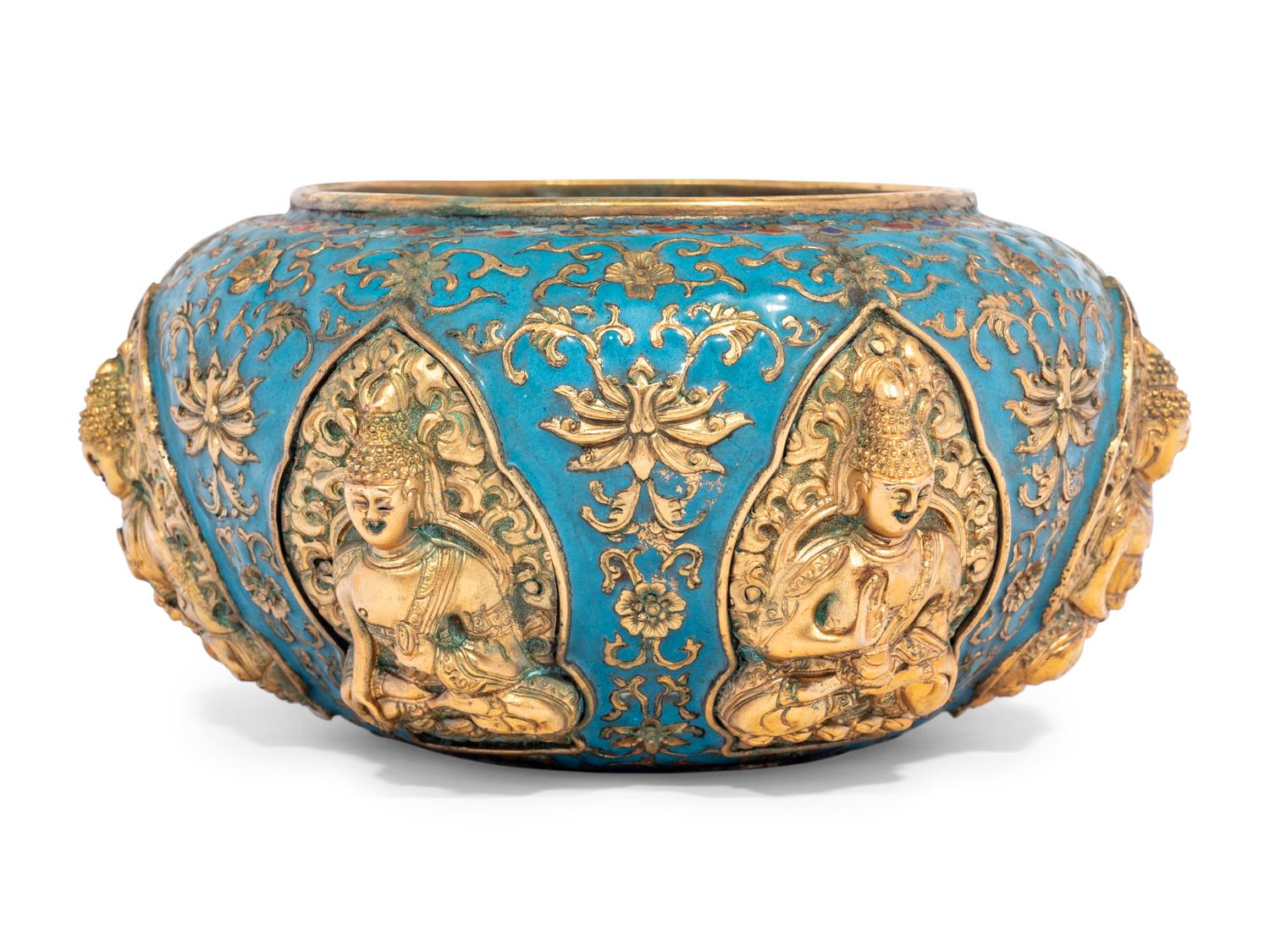 A Pair of Chinese Gilt Bronze Enameled 'Buddhist' Bowls