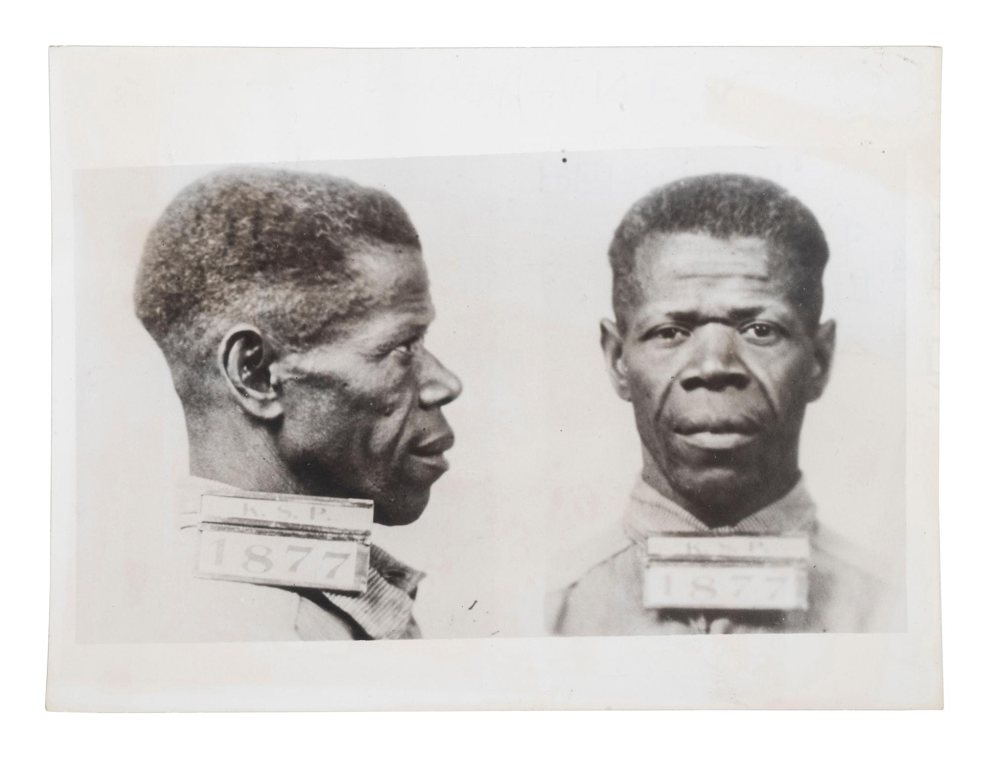 [CRIME & PUNISHMENT]. Mugshot of African American William Quinn, who was imprisoned for close to 30 years as a result of an altercation involving a can of beer. Acme, 1935.
