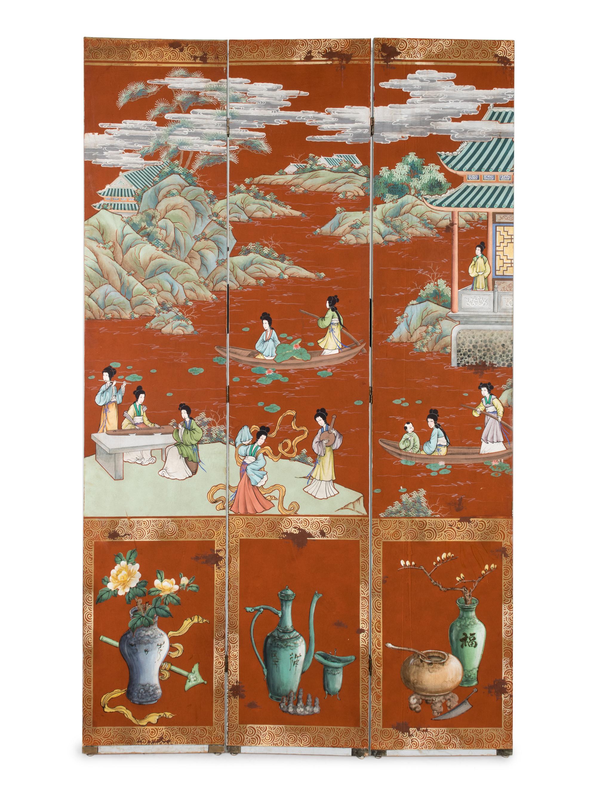 A Chinese Six-Panel Watercolor on Paper Mounted Screen — EARLY 20TH CENTURY