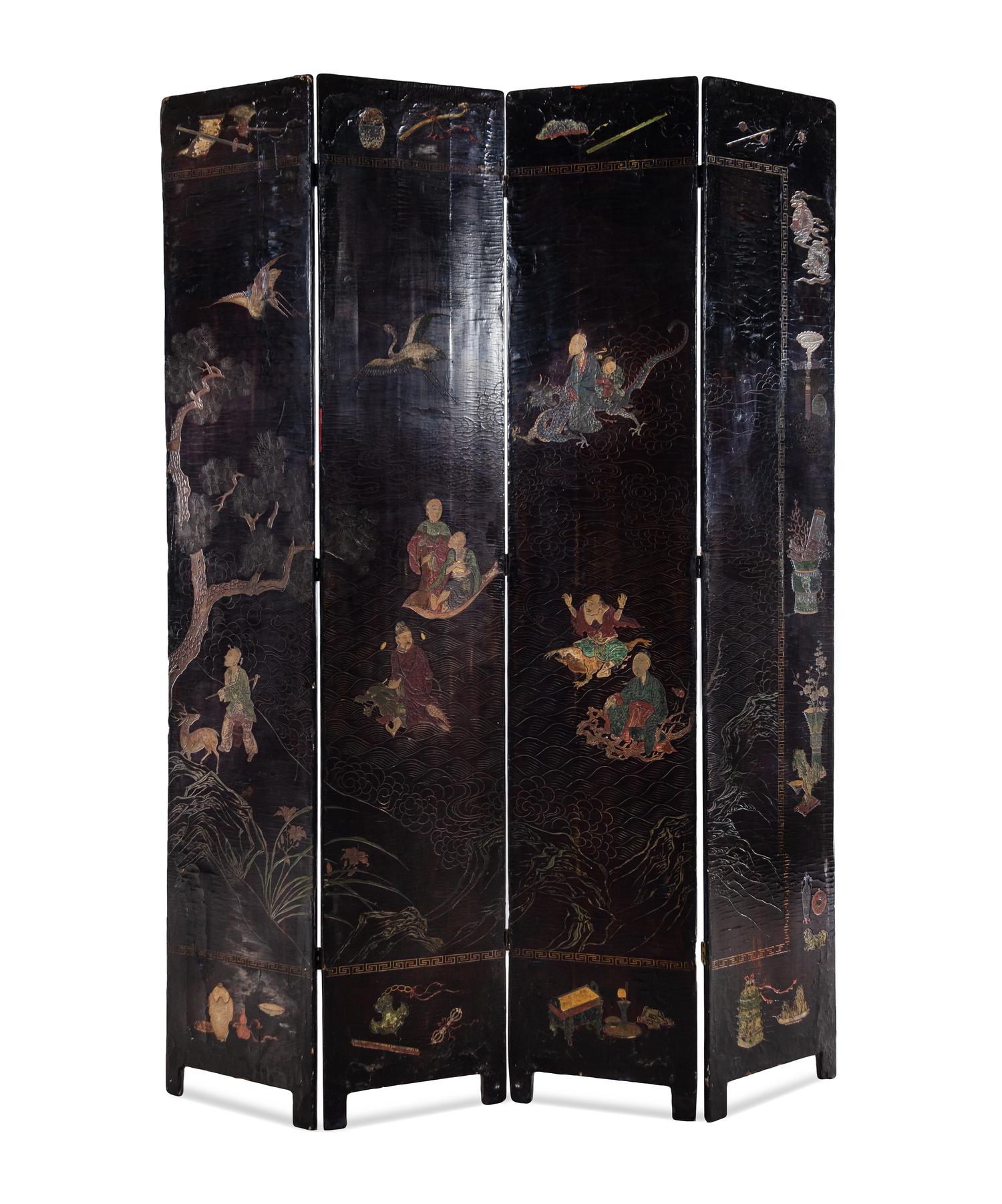 A Chinese Export Black Lacquered Four-Panel Floor Screen