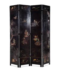 A Chinese Export Black Lacquered Four-Panel Floor Screen