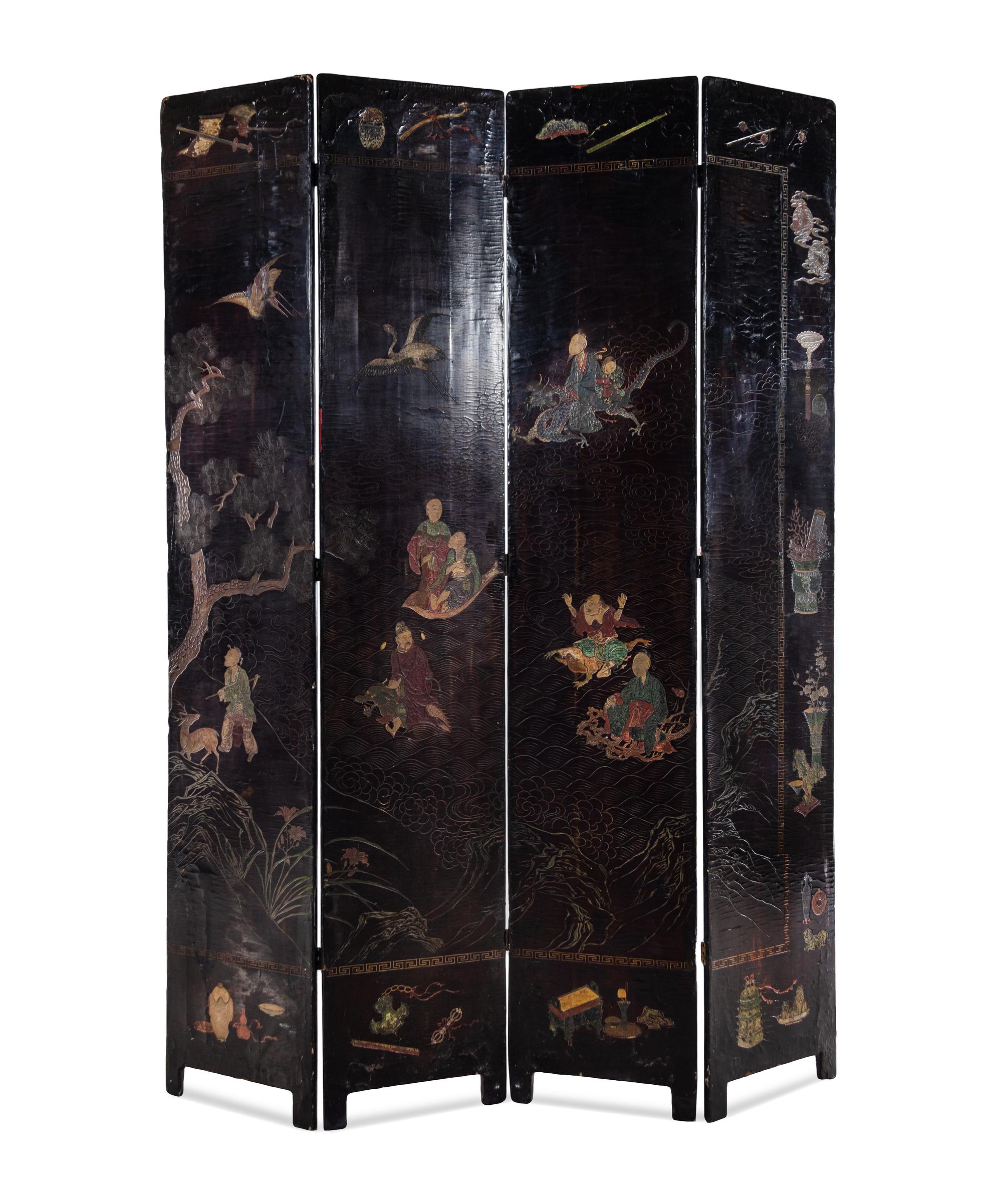A Chinese Export Black Lacquered Four-Panel Floor Screen