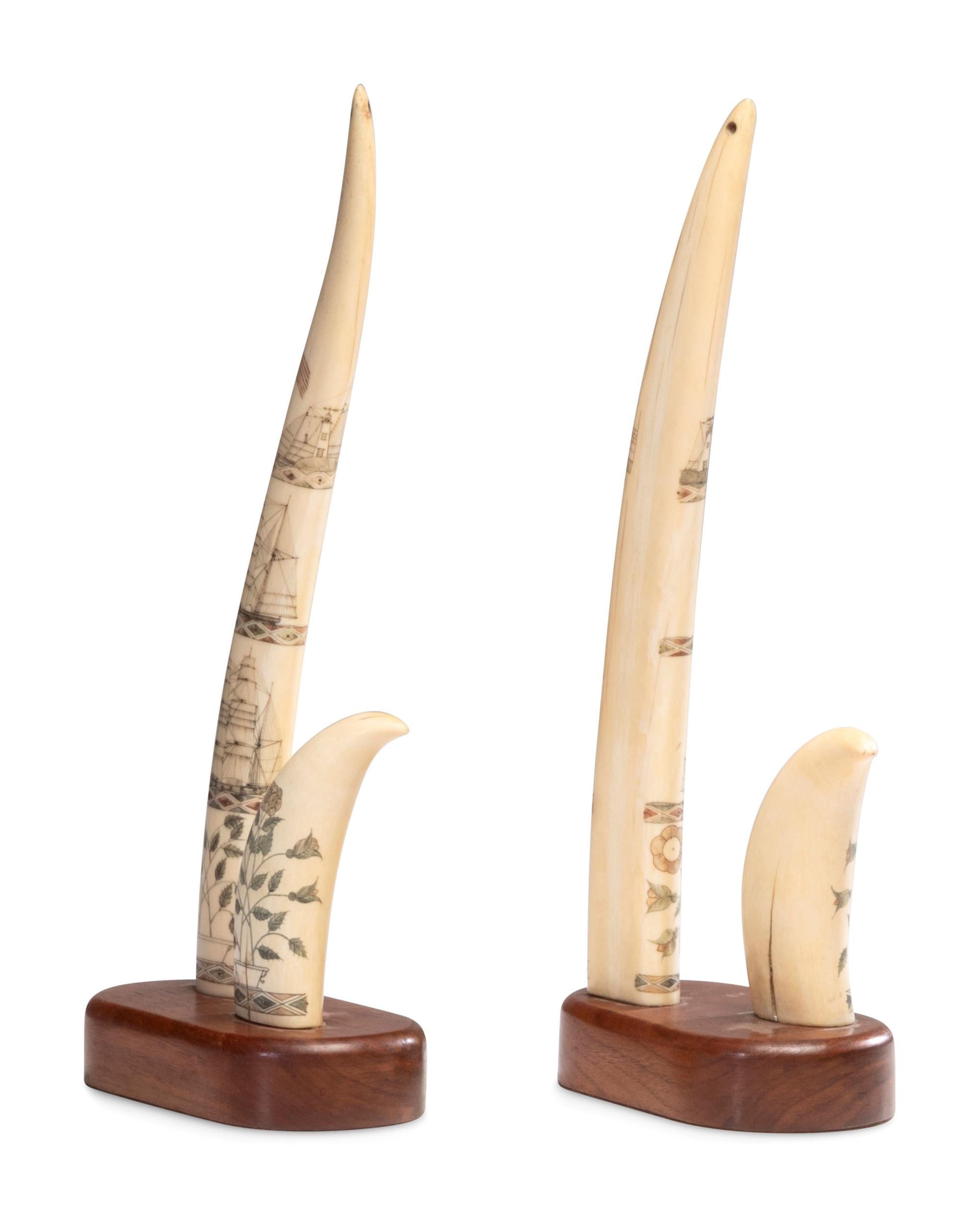 Four Matched Polychrome Scrimshaw Articles
