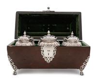 Three George III Silver Tea Caddies in a Leather-Cased Box