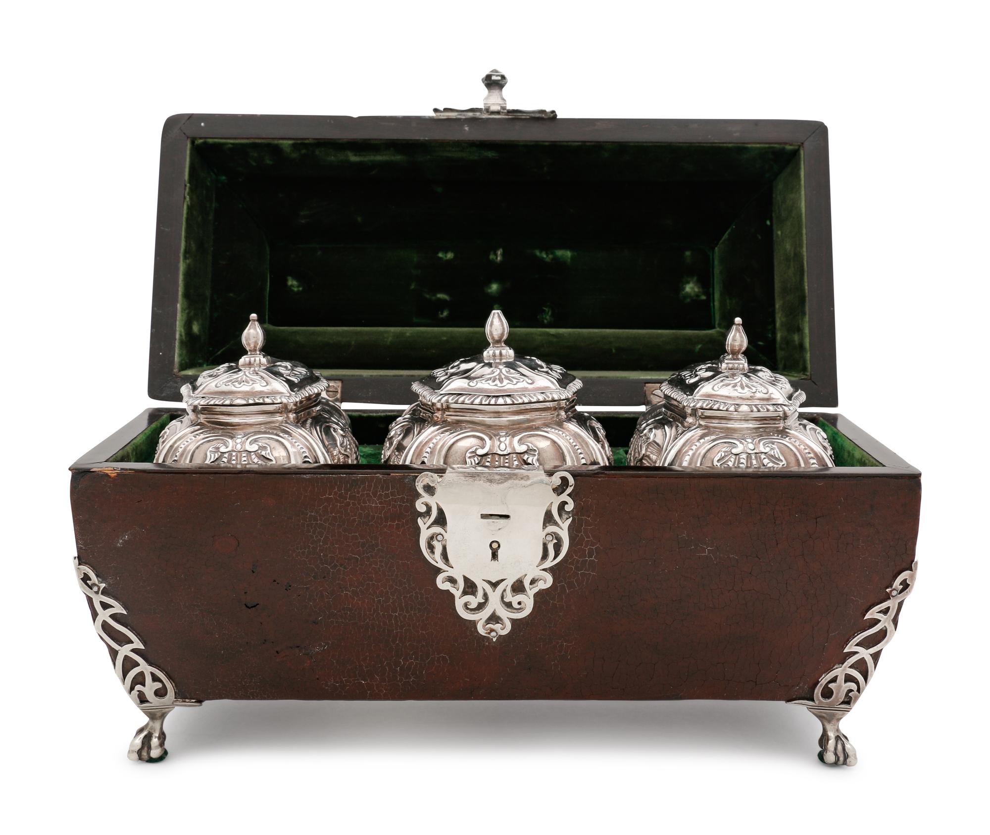 Three George III Silver Tea Caddies in a Leather-Cased Box