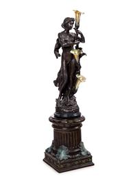 A Patinated Bronze Figural Lamp with Iridescent Glass Shades after Hippolyte François Moreau (French, 1832-1927)