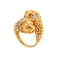 LALAOUNIS, YELLOW GOLD, RUBY, AND DIAMOND LION'S HEAD BYPASS RING
