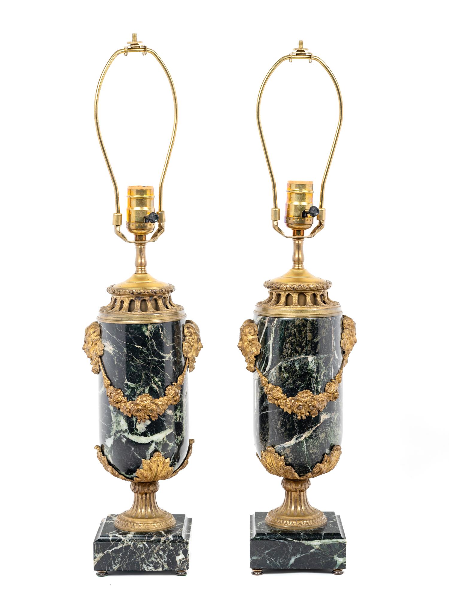 A Pair of Continental Gilt Metal Mounted Marble Lamps