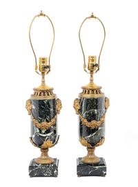 A Pair of Continental Gilt Metal Mounted Marble Lamps