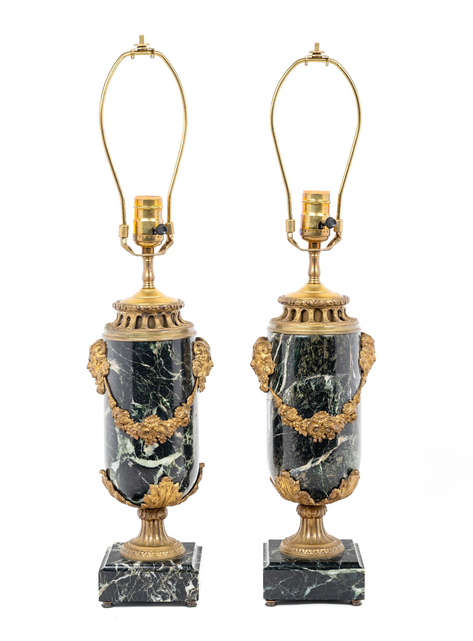 A Pair of Continental Gilt Metal Mounted Marble Lamps
