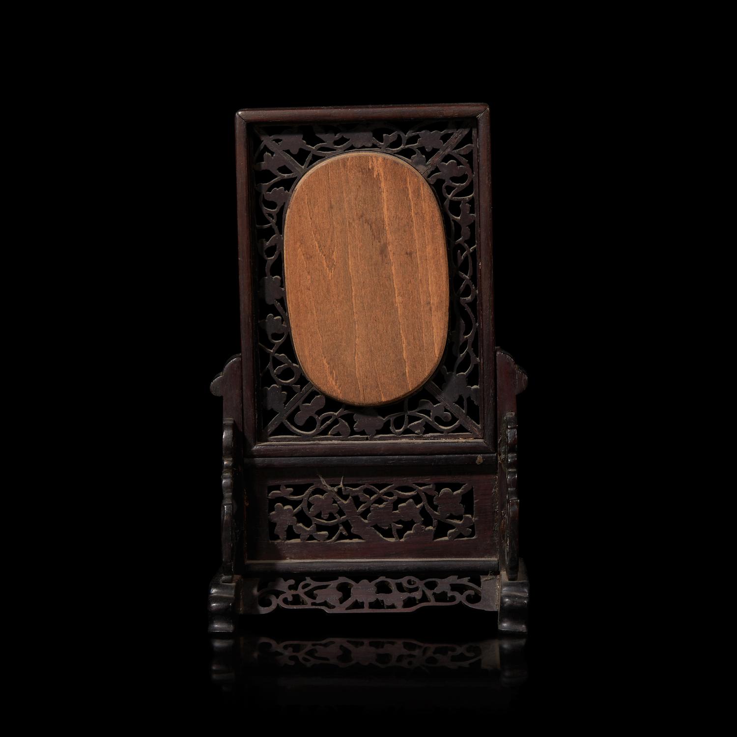 A Small Chinese White Jade Inset Carved Wood Table Screen, Jade: Qing Dynasty 清 硬木嵌白玉高士圖小桌屏