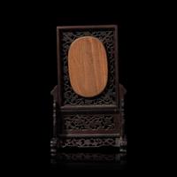 A Small Chinese White Jade Inset Carved Wood Table Screen, Jade: Qing Dynasty 清 硬木嵌白玉高士圖小桌屏