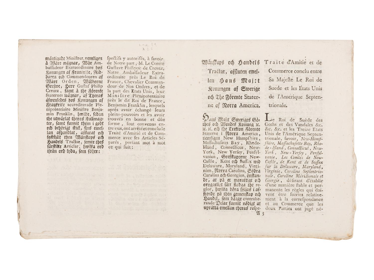 [UNITED STATES - TREATIES]. Wänskaps och Handels Tractat Emellan Hans Maj:t Romungen af Swerige Och The Forente Staterne i Norra America.... Traité d’Amitié et de Commerce entre sa Majesté le Roi de Suede et Les États Unis de l’Amérique Septentrionale .... Stockholm: Royal Press, 1785.