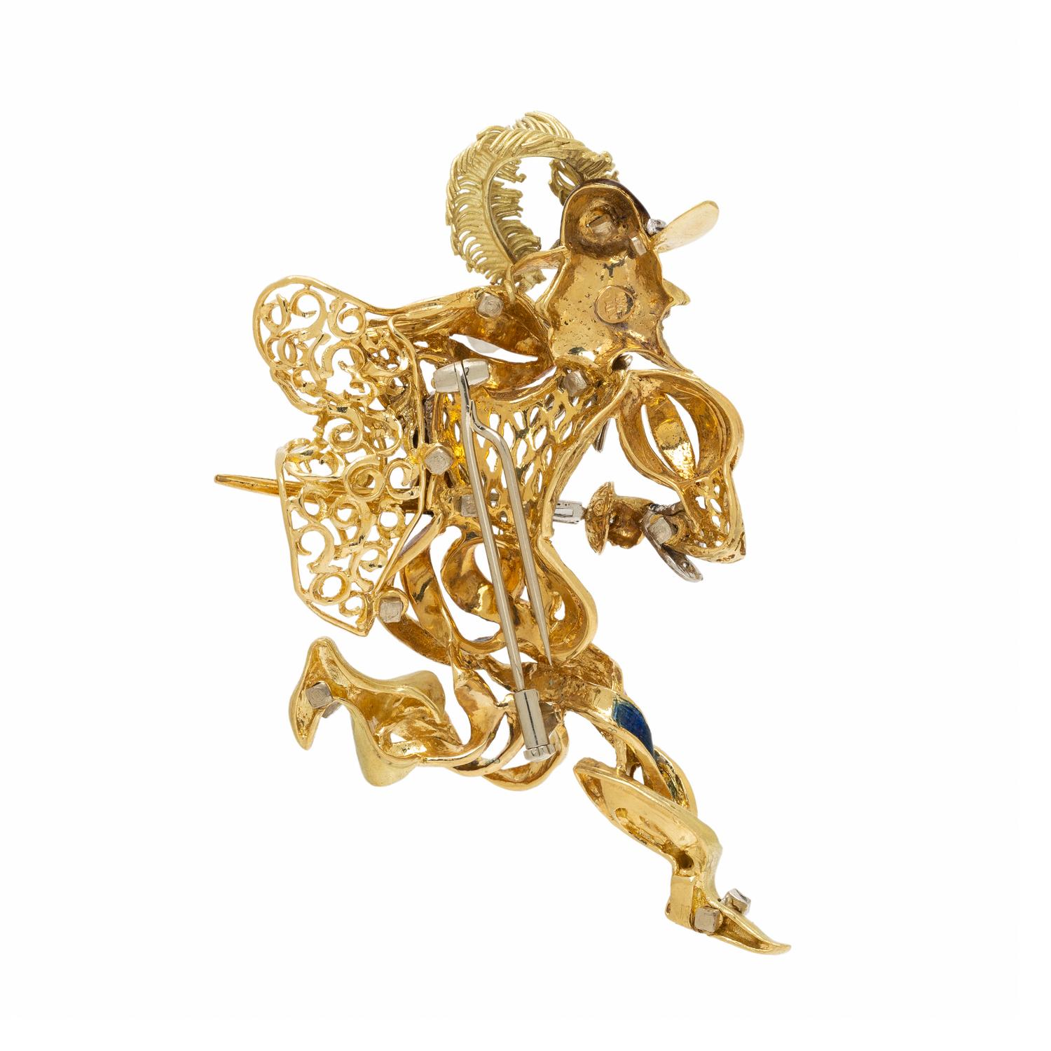 BICOLOR GOLD, DIAMOND, AND ENAMEL FIGURAL BROOCH