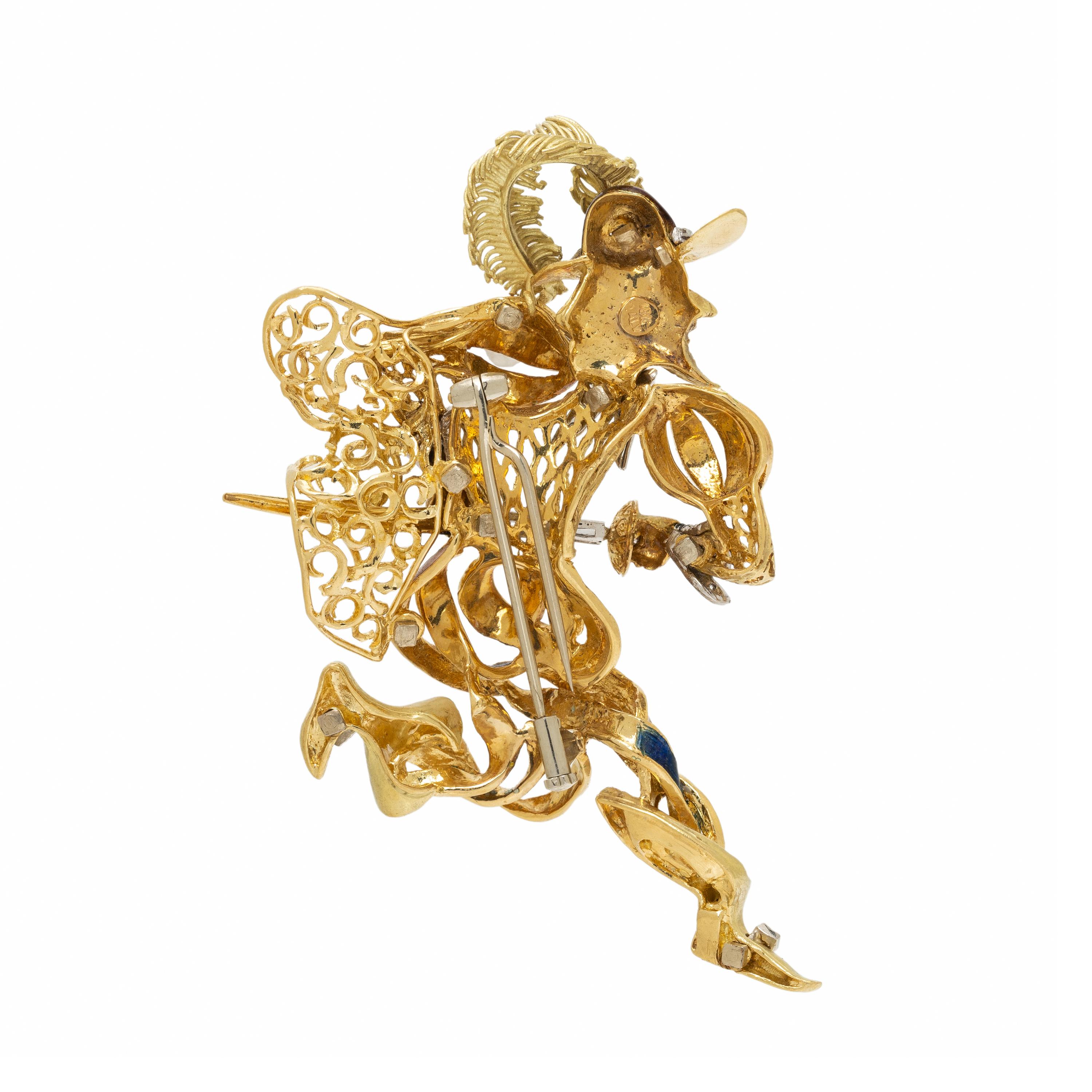 BICOLOR GOLD, DIAMOND, AND ENAMEL FIGURAL BROOCH