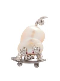 CULTURED BAROQUE PEARL, DIAMOND AND RUBY PIG BROOCH