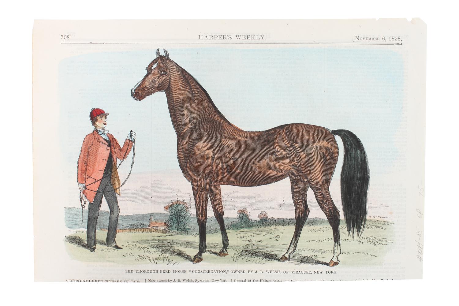 Six Hand Colored Race Horse Prints Height 7 x width 10 inches (largest) — 19TH CENTURY