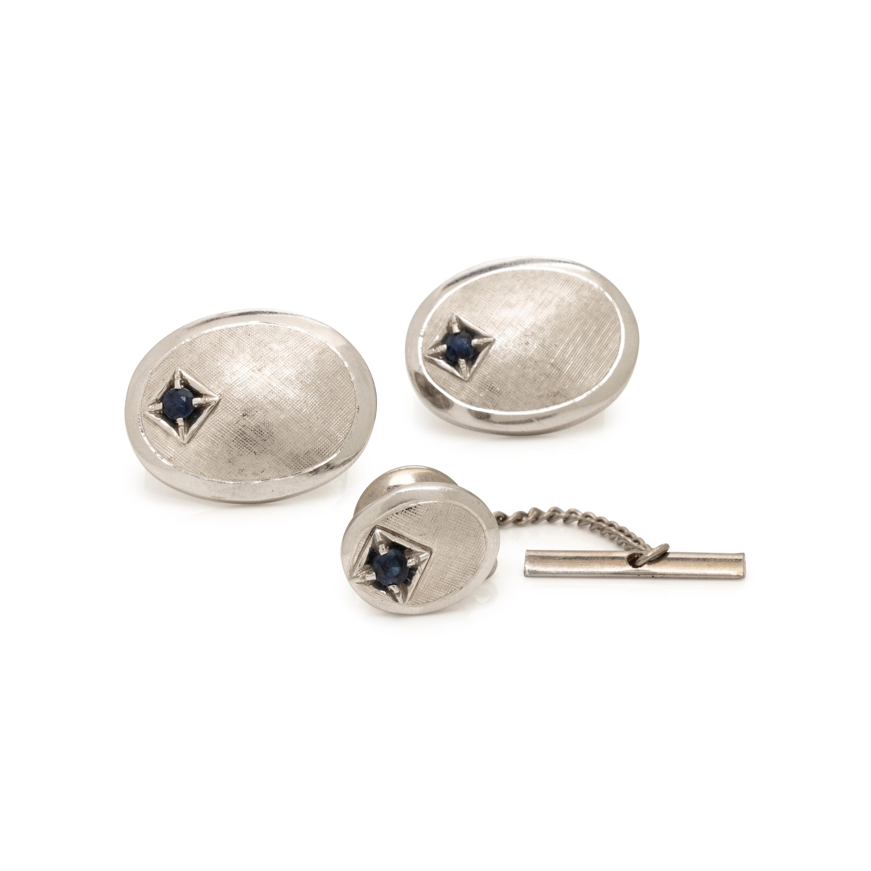 White Gold and Sapphire Cufflinks and Tie Pin Set