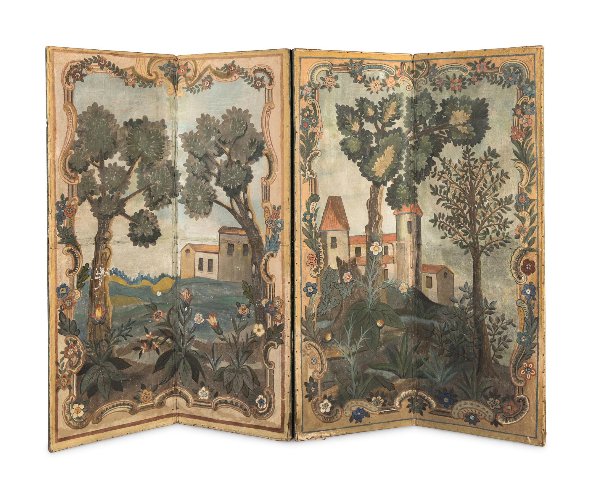 A French Painted Canvas Four-Panel Floor Screen