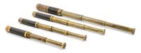 A Group of Four Leather Body Three-Draw Hand Telescopes Length of largest 7 3/4 inches (closed).
