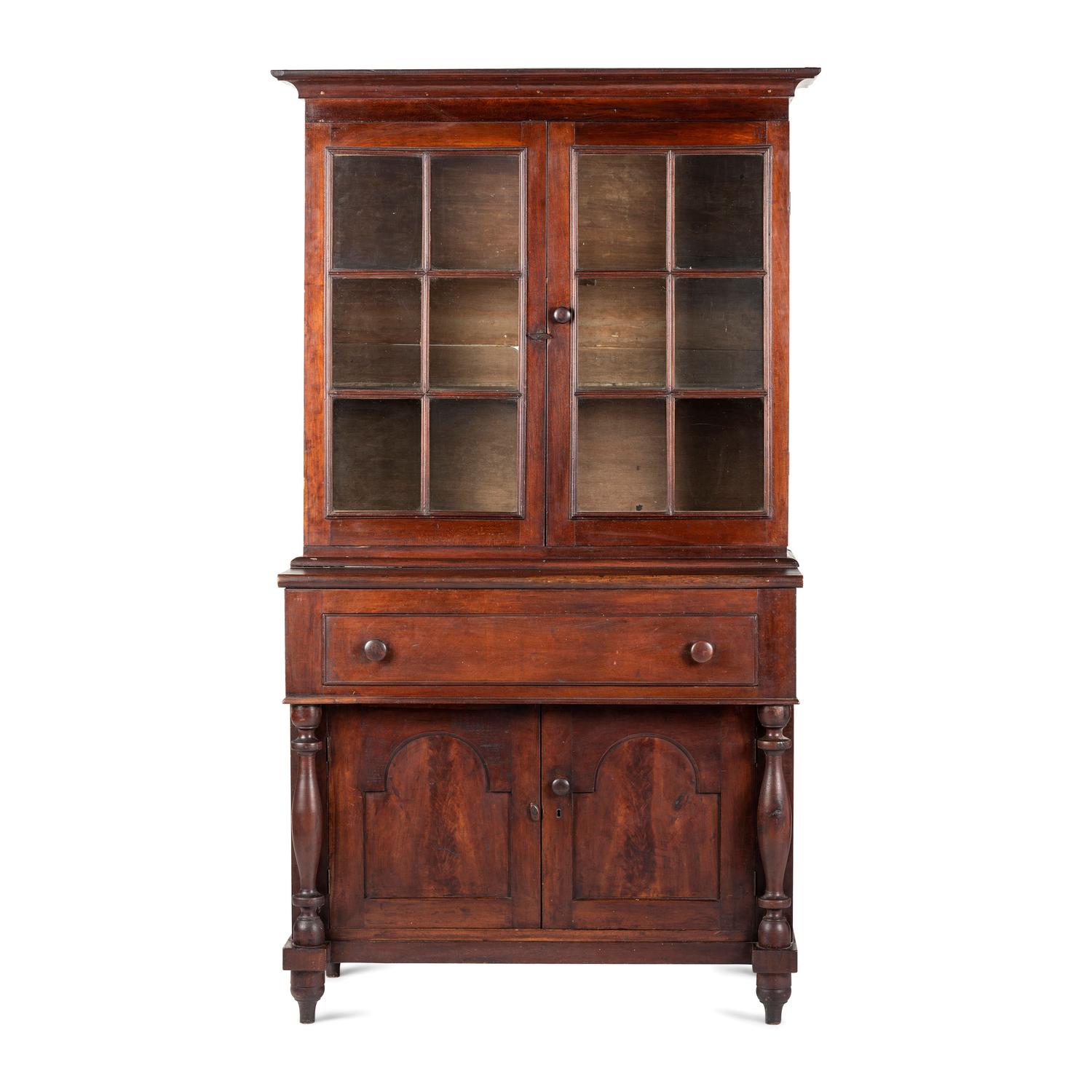 A Federal Turned and Paneled Cherrywood Glazed Stepback Cupboard